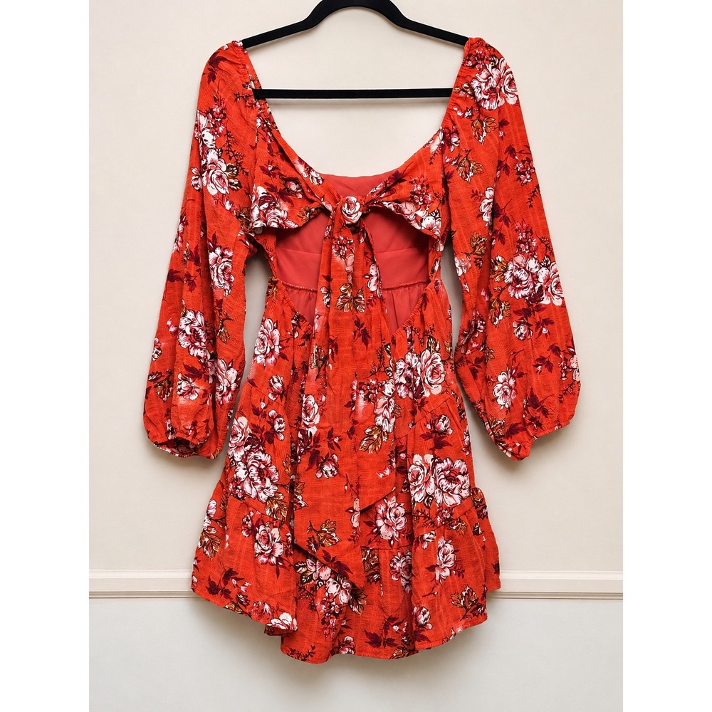 Emerald Sundae Orange Floral Puff Sleeve Mini Dress XS Cottagecore Boho